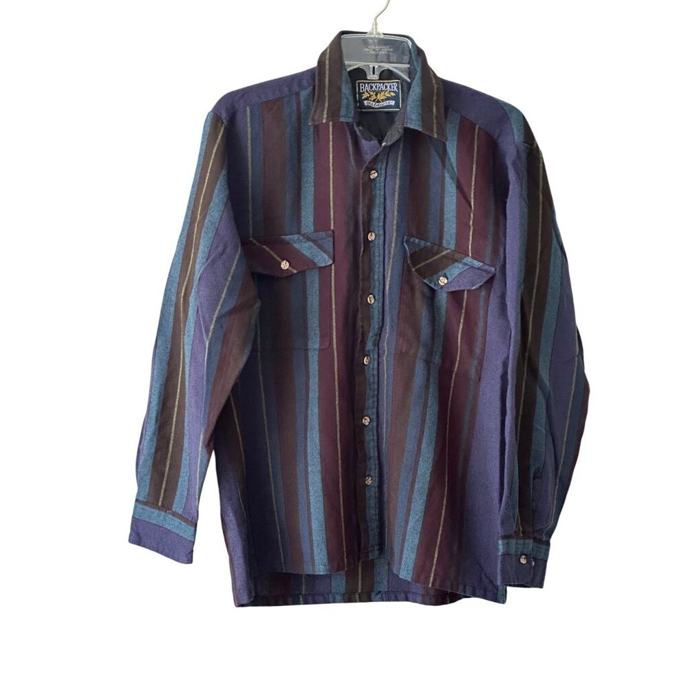 VTG 90s Backpacker Outdoors Striped Long Sleeve Collared Shirt M Pockets